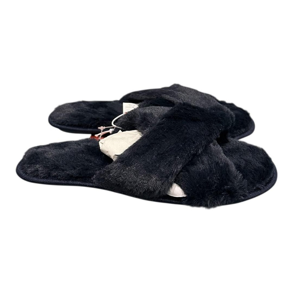 Joe Fresh Slippers Womens Size 6 Black Faux Fur Slide House Shoes Fuzzy Cozy
